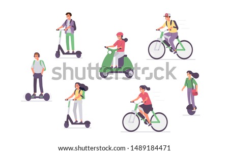 People Driving Different Electric Transport. Characters riding scooter, hoverboard, bike . Eco Friendly Vehicle Concept with Characters. Flat cartoon vector illustration isolated.
