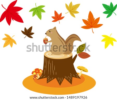 Tree stump vector illustration.
Autumn frame.Illustration of cute squirrel.Maple leaf