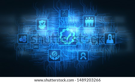 Quality Assurance and Quality Control Concept - Modern graphic interface showing certified standard process, product warranty and quality improvement technology for satisfaction of customer. Royalty-Free Stock Photo #1489203266