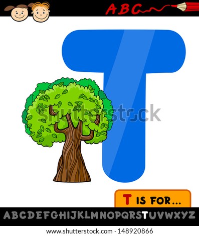 Cartoon Illustration of Capital Letter T from Alphabet with Tree for Children Education