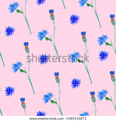 Seamless pattern of watercolor blue cornflowers. Botanical cute flower print on a pink isolated background. Design for textiles, social networks, packages, card, wall-paper, wrapping paper.