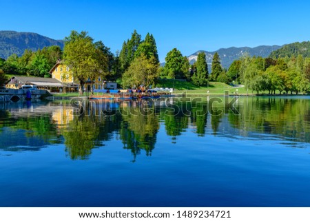 Beautiful view of the shore of Lake Bled with colorful reflection. Slovenia, Europe.