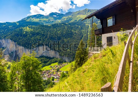 Lonely house near mountain village Lauterbrunnen, Bernese Oberland, Switzerland.
