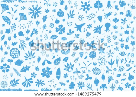 Set of different floral elements and shapes, modern flat doodle style decorative background or pattern