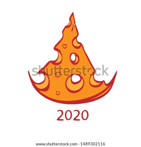Chinese new year Rats, stylized Christmas tree in the form of a slice of cheese, hand-drawn. Vector illustration.