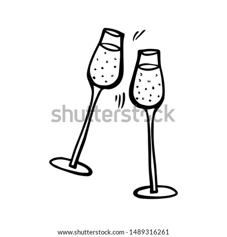 Merry Christmas and Happy New Year champagne glass celebration toast. Ideal for holiday card, party invitation, poster, banner. Design template isolated white background. Simple illustration drawing