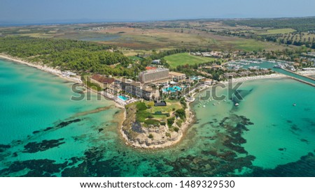 Aerial drone photo from iconic resort and village of Sani with unique nature in North Kassandra peninsula, Halkidiki, North Greece