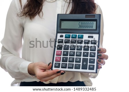 Female hands with calculator closeup isolated on white