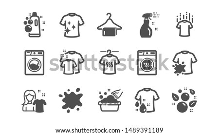 Laundry icons. Dryer, Washing machine and dirt shirt. Laundromat, hand washing, laundry service icons. Classic set. Quality set. Vector Royalty-Free Stock Photo #1489391189