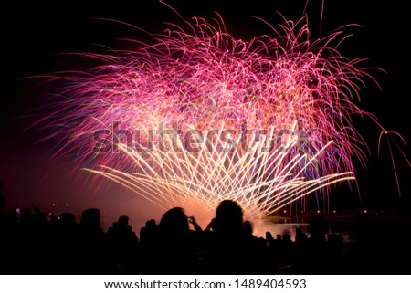 Colorful fireworks lighting up the sky, Silhouette of crowd watching and enjoying Pyromusical competition at 2019 Global Festival.  Various color of lights against dark background. Fire in the sky