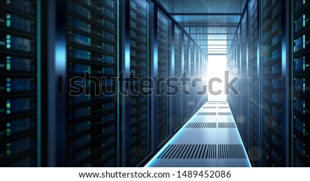 Big data center storage with full of rack servers and light flare effect  .Cloud server room 3D rendering . Royalty-Free Stock Photo #1489452086