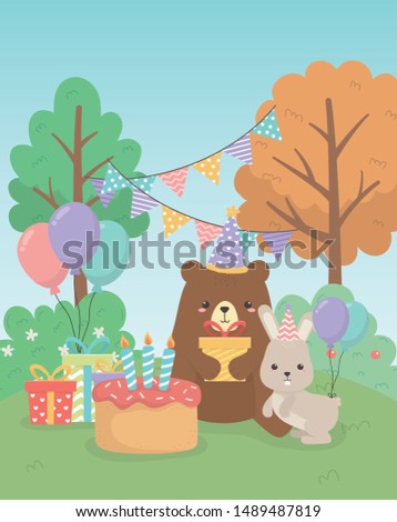 cute bear teddy and rabbit in birthday party scene