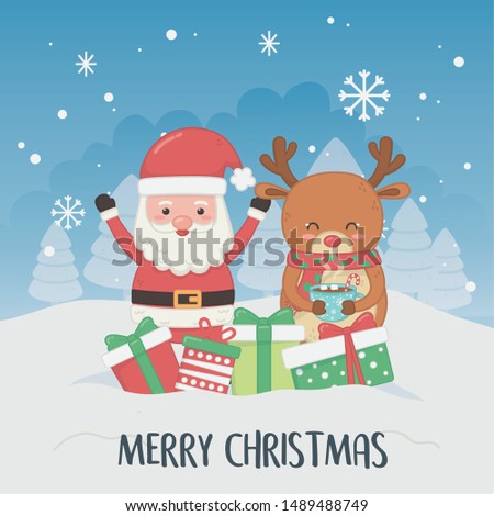 merry merry christmas card with santa claus and reindeer