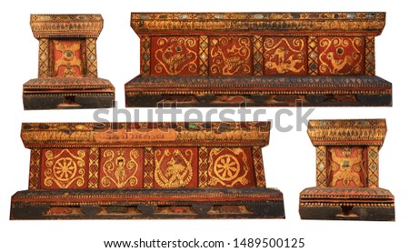 Thai Gold Lacquer Work ware cabinet floral pattern Dhamma book chest. . Which in Thai is called "Lai Rod Nam" monkey fight with giant and Angel on box skin.