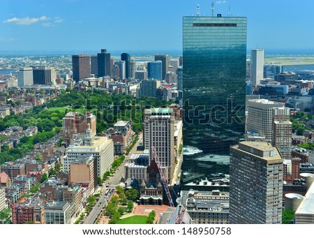 Aerial view of downtown Boston and Hancock Tower, Boston, MA, USA