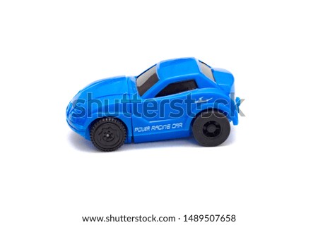 children's toy car blue on a white background, side view