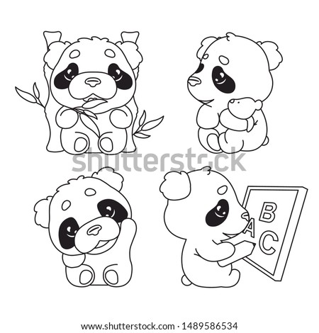 Cute panda kawaii linear characters pack. Adorable, happy and funny animal eating bamboo, waving hand isolated sticker, patches set. Anime baby panda bear doodle emojis thin line icons