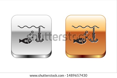 Black Fishing hook under water with fish icon isolated on white background. Fishing tackle. Silver-gold square button. Vector Illustration