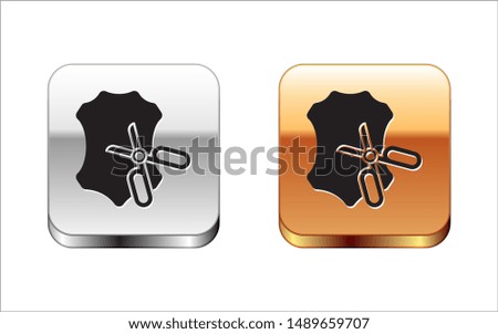 Black Scissors and leather icon isolated on white background. Tailor symbol. Cutting tool sign. Silver-gold square button. Vector Illustration