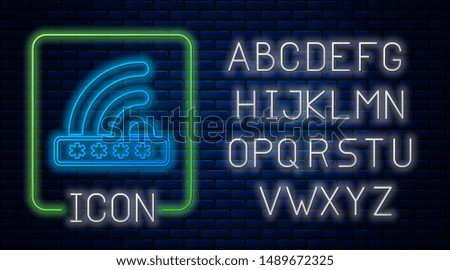 Glowing neon Wifi locked sign icon isolated on brick wall background. Password wi-fi symbol. Wireless Network icon. Wifi zone. Limited access. Neon light alphabet. Vector Illustration