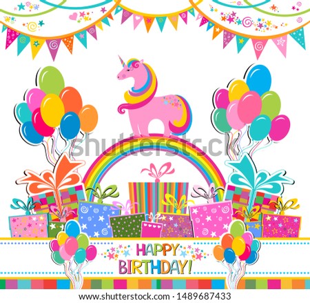 Happy Birthday! Greeting card. Celebration white background with cute unicorn icon, Balloons, rainbow, colorful flags, frame, gift boxes and place for your text. Vector illustration