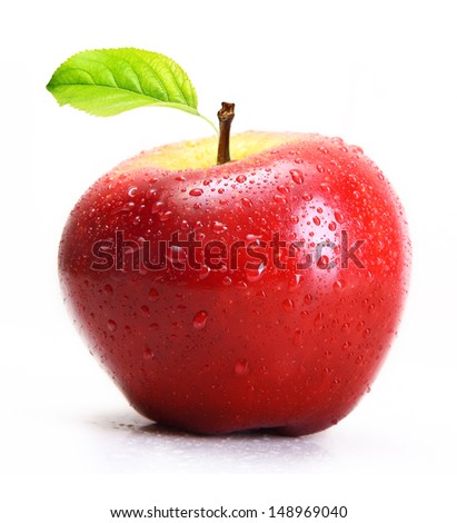 Red apple with water drops isolated on white background.