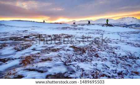 Beautiful scenery of snow mountains and skyline before sunset at Fjellheisen, Tromso in winter time of Norway 