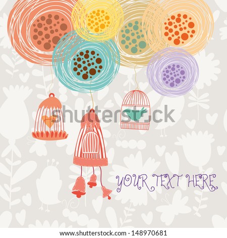 Wedding invitation in vector. Colorful save the date card made of concept jars, flowers on bokeh wallpaper