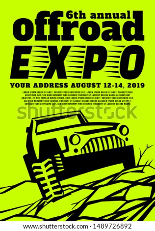 Motorsport event poster. Extreme off-road adventure. Truck competition flyer. Vertical vector illustration with unique lettering in green and black colors. Modern typography design template