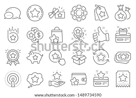 Loyalty program line icons. Bonus card, Redeem gift and discount coupon signs. Lottery ticket, Earn reward and winner gift icons. Shopping bag, loyalty card and lottery present. Line signs set. Vector Royalty-Free Stock Photo #1489734590