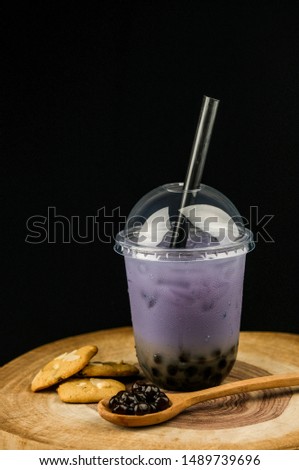 Taiwan milk tea, Bubble milk tea with milk and bubble topping for tea or other beverage on the table with copy-space for text.