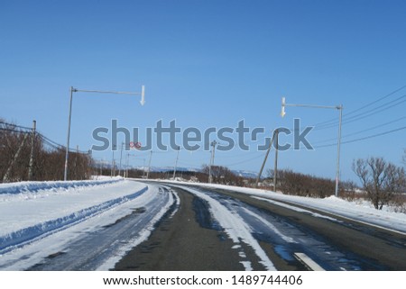 Winter roadside scenery in Hokkaido, Japan