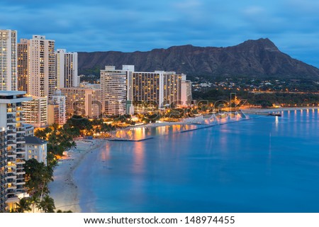 Scenic view of Honolulu city, Diamond Head and Waikiki Beach at night; Hawaii, USA