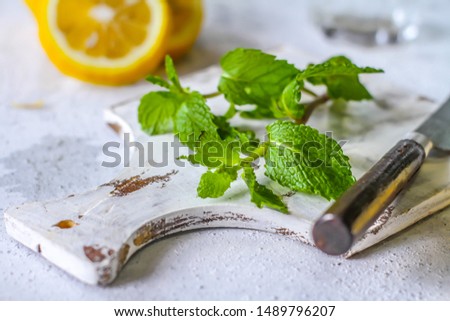 Photo of fresh mint leaves on a cutting board with a knife. Lemon and mint on a cutting board. Peppermint. Ingredients for summer cocktails and lemonade. Macro. Still life. Image
