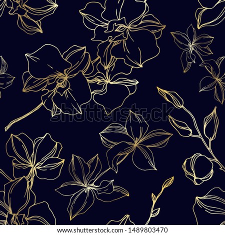 Vector Orchid floral botanical flowers. Wild spring leaf wildflower isolated. Black and white engraved ink art. Seamless background pattern. Fabric wallpaper print texture.