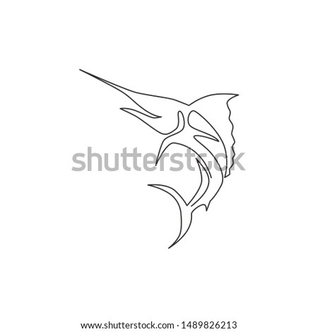 One single line drawing of giant marlin for fresh meat company logo identity. Jumping swordfish mascot concept for seafood can icon. Continuous line draw graphic design vector illustration