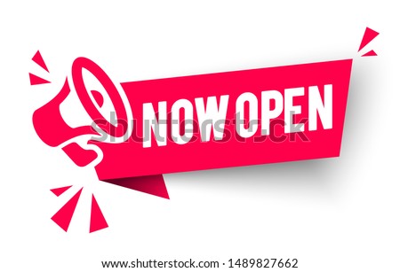 Vector Illustration Red Banner now open With Megaphone. Web Element. Royalty-Free Stock Photo #1489827662