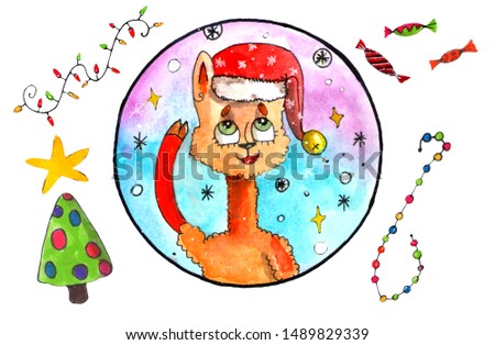 Set of nice llama with hat, snow, star, sweets and christmas tree. Isolated
