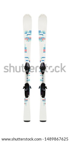 Pair of alpine skis isolated on white background. Sport equipment for skiing in mountains