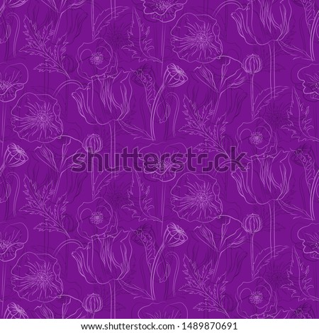 Poppy flowers floral seamless pattern. sketched hand drawn flowers and leaves.