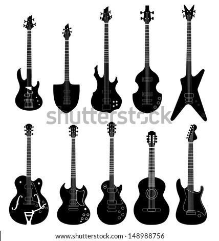 Guitar silhouette collection isolated on white background. Music instruments icon vector set. 