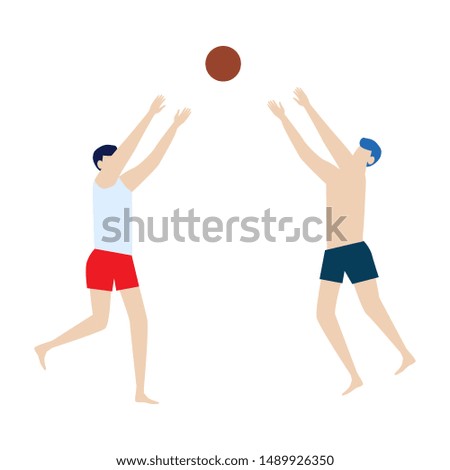 Two men play volleyball. Flat cartoon character isolated on white background