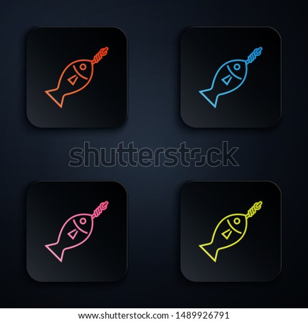 Color neon line Fish on hook icon isolated on white background. Set icons in colorful square buttons. Vector Illustration