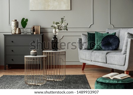 Two stylish small coffee tables with marble tops in front of elegant grey couch with emerald pillows Royalty-Free Stock Photo #1489933907