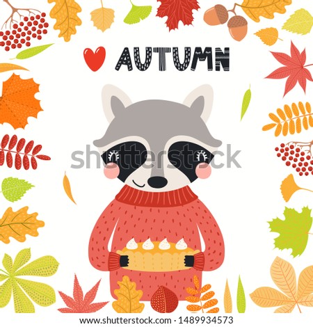 Hand drawn vector illustration of a cute raccoon with pumpkin pie, leaves frame, quote Heart Autumn. Isolated objects on white background. Scandinavian style flat design. Concept for children print.