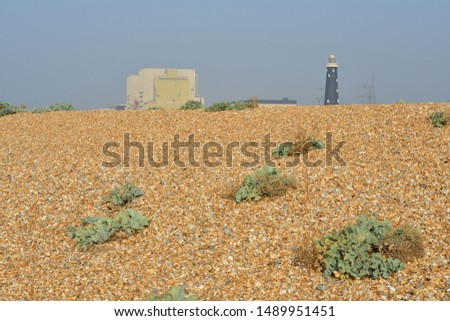 Shingle beach at Dungeness in front of the Nuclear power station and the old lighthouse.
