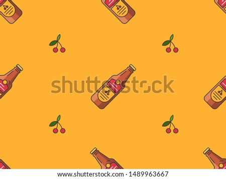 Seamless vector pattern with belgian kriek beer with cherry berries, made of simple icon colorful illustrations. Oktoberfest endless background.