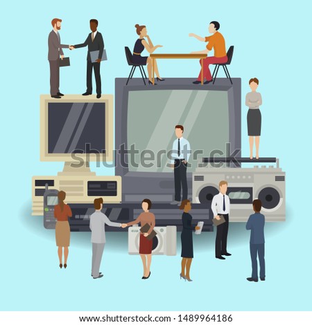 Retro 90s technology multimedia and communication business people vector illustration. Nineties multimedia electronic devices and office people communicating.