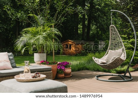 Stylish garden decoration with fancy egg chair and garden furniture Royalty-Free Stock Photo #1489976954