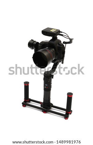 DSR camera and microphone on gimbal on white background   